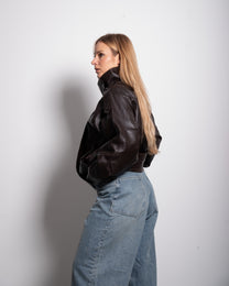 Oversized High Neck Faux Leather Jacket With Asymmetric Flap Detail BROWN | SEISHIKI STUDIO