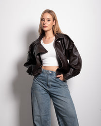 Oversized High Neck Faux Leather Jacket With Asymmetric Flap Detail BROWN | SEISHIKI STUDIO