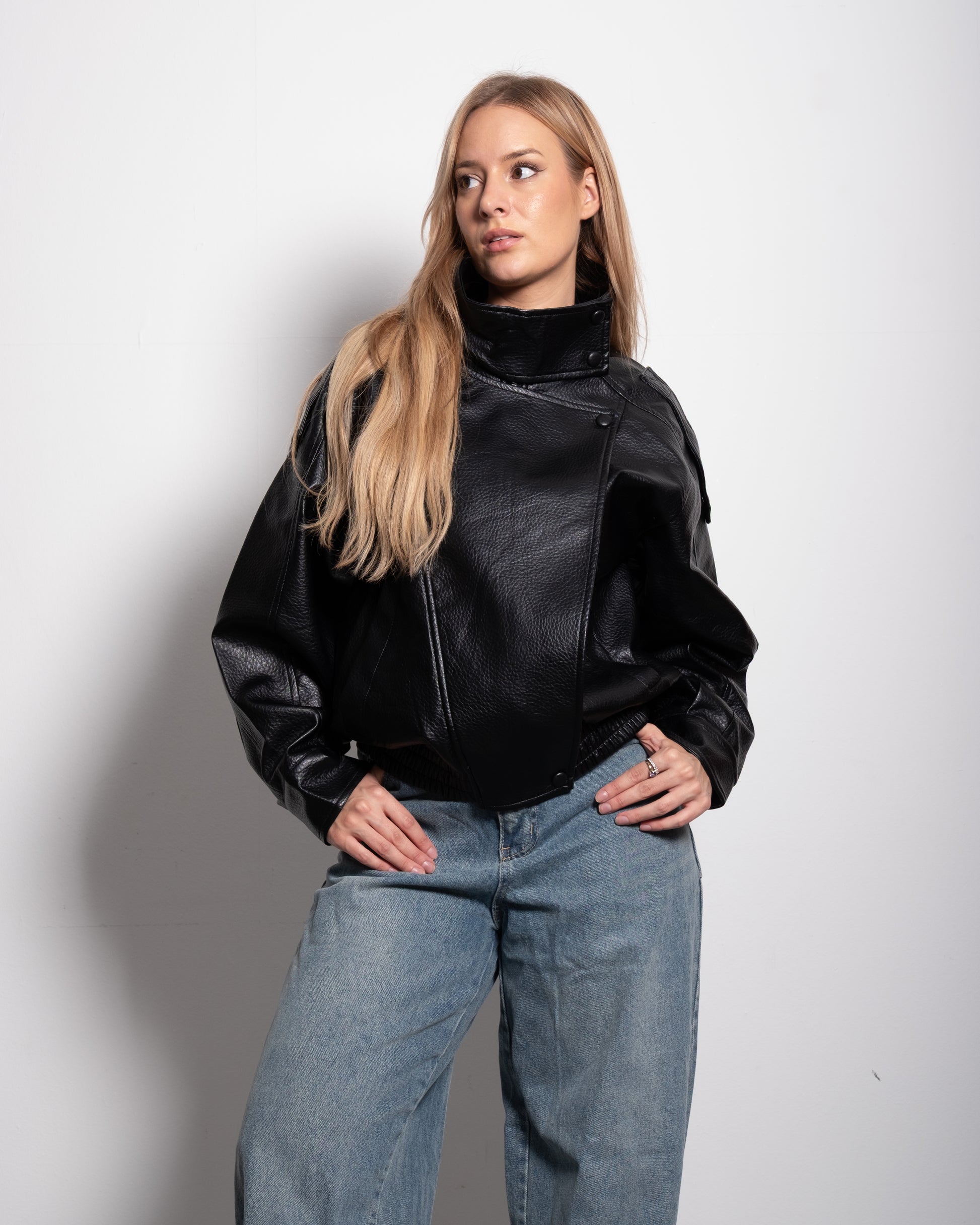 Oversized High Neck Faux Leather Jacket With Asymmetric Flap Detail BLACK | SEISHIKI STUDIO