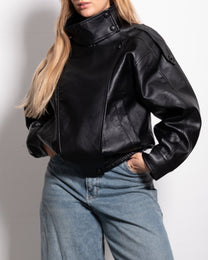Oversized High Neck Faux Leather Jacket With Asymmetric Flap Detail BLACK | SEISHIKI STUDIO