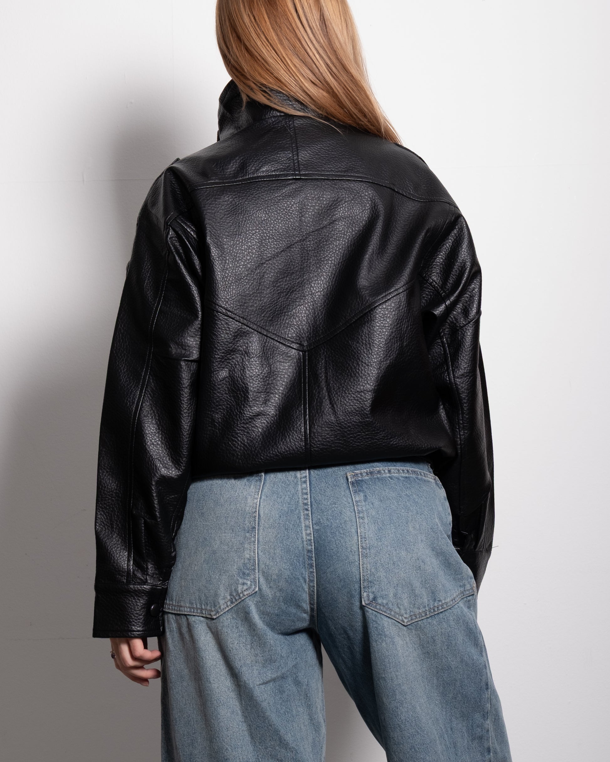Oversized High Neck Faux Leather Jacket With Asymmetric Flap Detail BLACK | SEISHIKI STUDIO