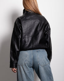 Oversized High Neck Faux Leather Jacket With Asymmetric Flap Detail BLACK | SEISHIKI STUDIO
