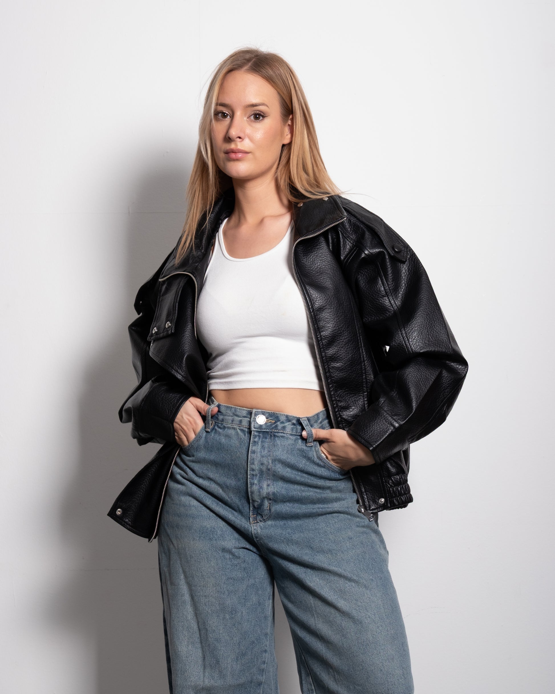 Oversized High Neck Faux Leather Jacket With Asymmetric Flap Detail BLACK | SEISHIKI STUDIO