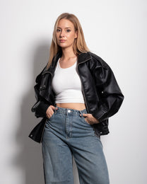 Oversized High Neck Faux Leather Jacket With Asymmetric Flap Detail BLACK | SEISHIKI STUDIO