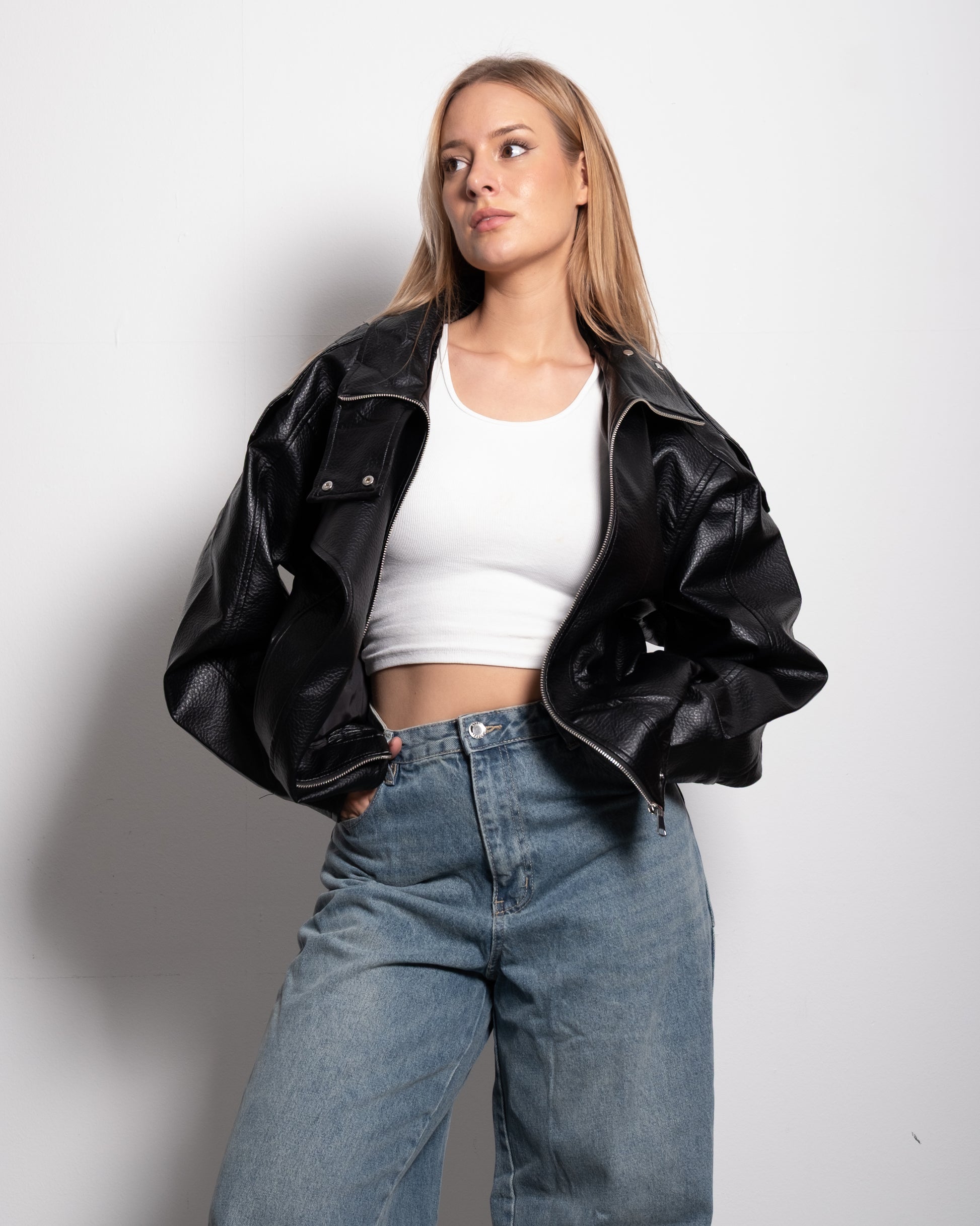 Oversized High Neck Faux Leather Jacket With Asymmetric Flap Detail BLACK | SEISHIKI STUDIO