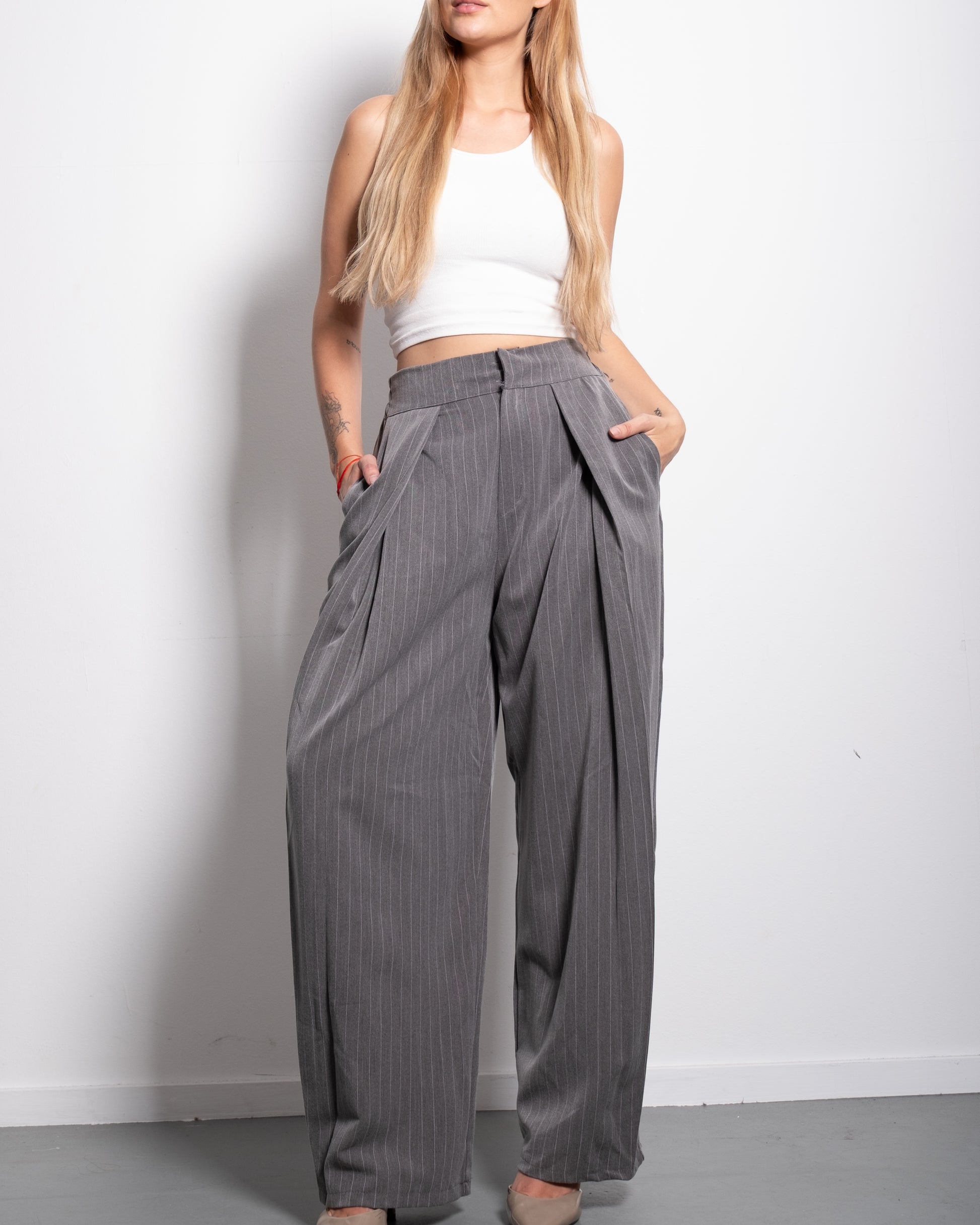 High Waisted Striped Wide Leg Trousers With Front Pleats GREY | SEISHIKI STUDIO
