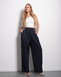 High Waisted Striped Wide Leg Trousers With Front Pleats NAVY | SEISHIKI STUDIO