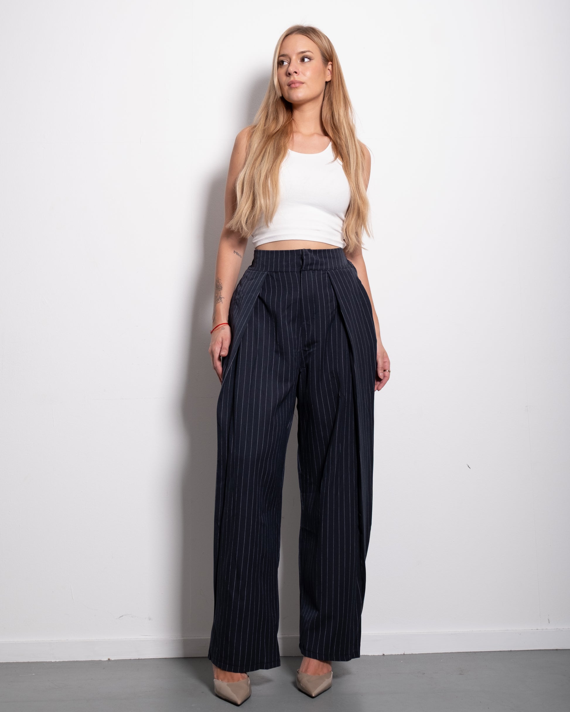 High Waisted Striped Wide Leg Trousers With Front Pleats NAVY | SEISHIKI STUDIO