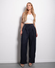 High Waisted Striped Wide Leg Trousers With Front Pleats NAVY | SEISHIKI STUDIO