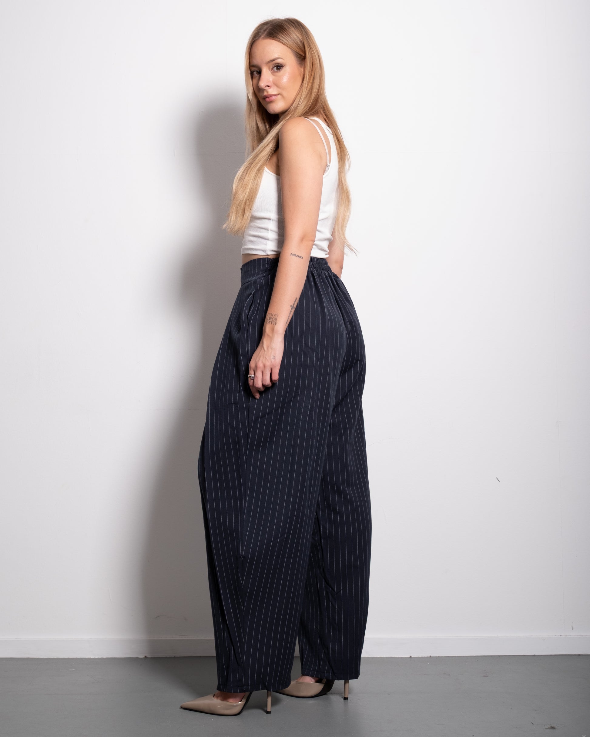 High Waisted Striped Wide Leg Trousers With Front Pleats NAVY | SEISHIKI STUDIO