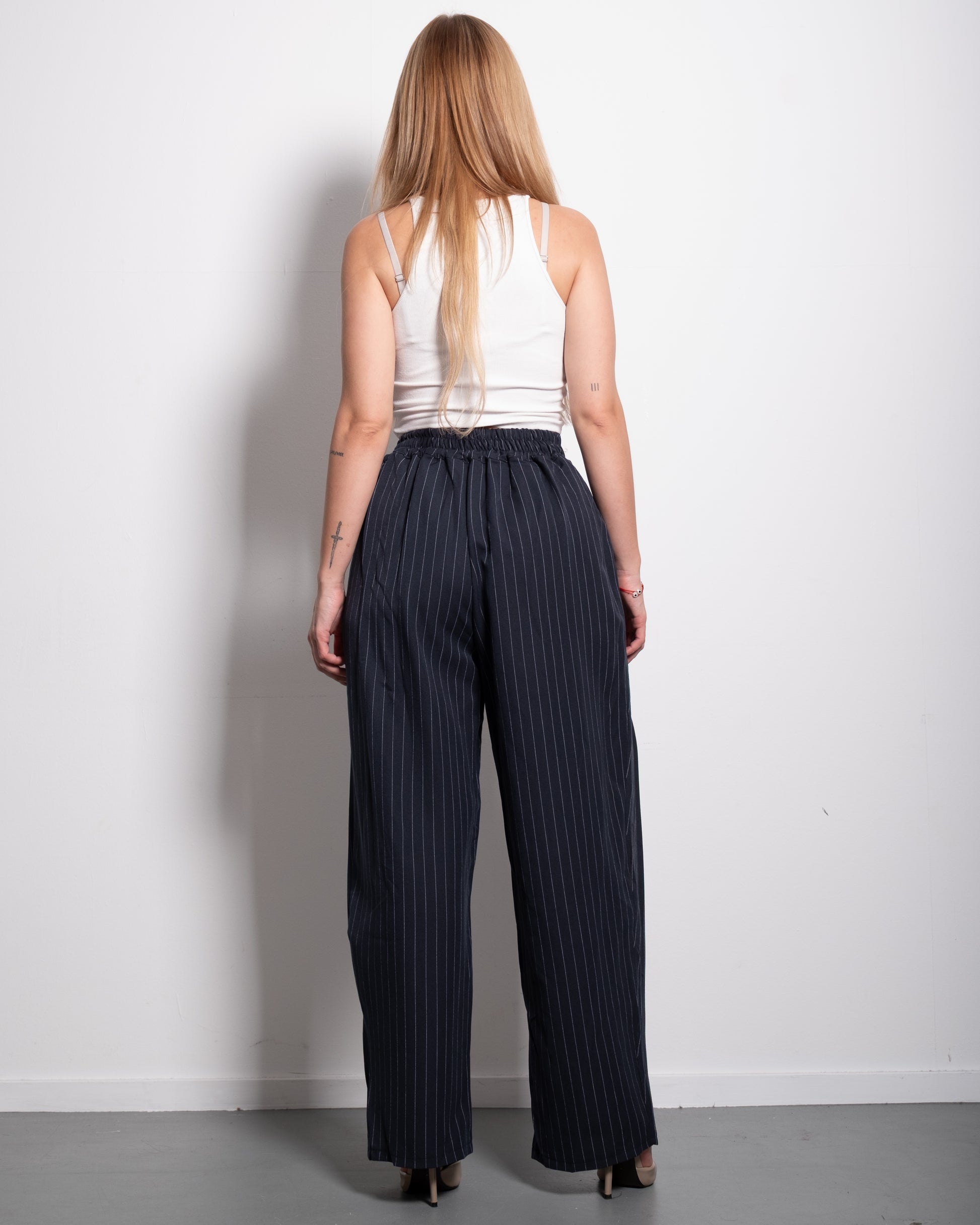 High Waisted Striped Wide Leg Trousers With Front Pleats NAVY | SEISHIKI STUDIO