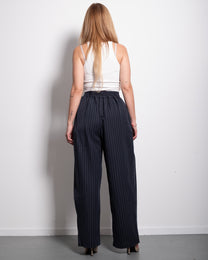 High Waisted Striped Wide Leg Trousers With Front Pleats NAVY | SEISHIKI STUDIO