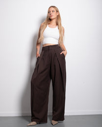 High Waisted Striped Wide Leg Trousers With Front Pleats BROWN | SEISHIKI STUDIO