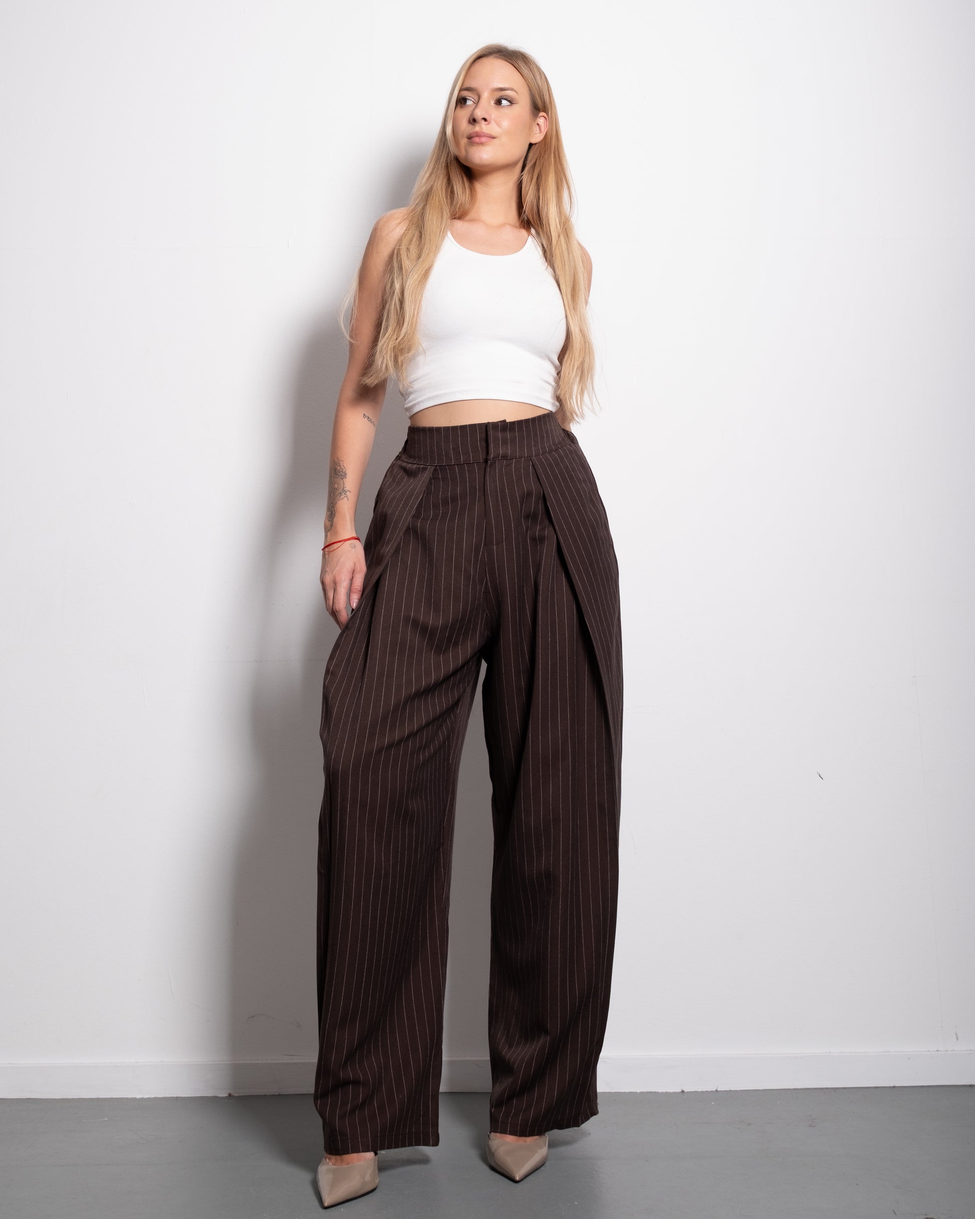 High Waisted Striped Wide Leg Trousers With Front Pleats BROWN | SEISHIKI STUDIO