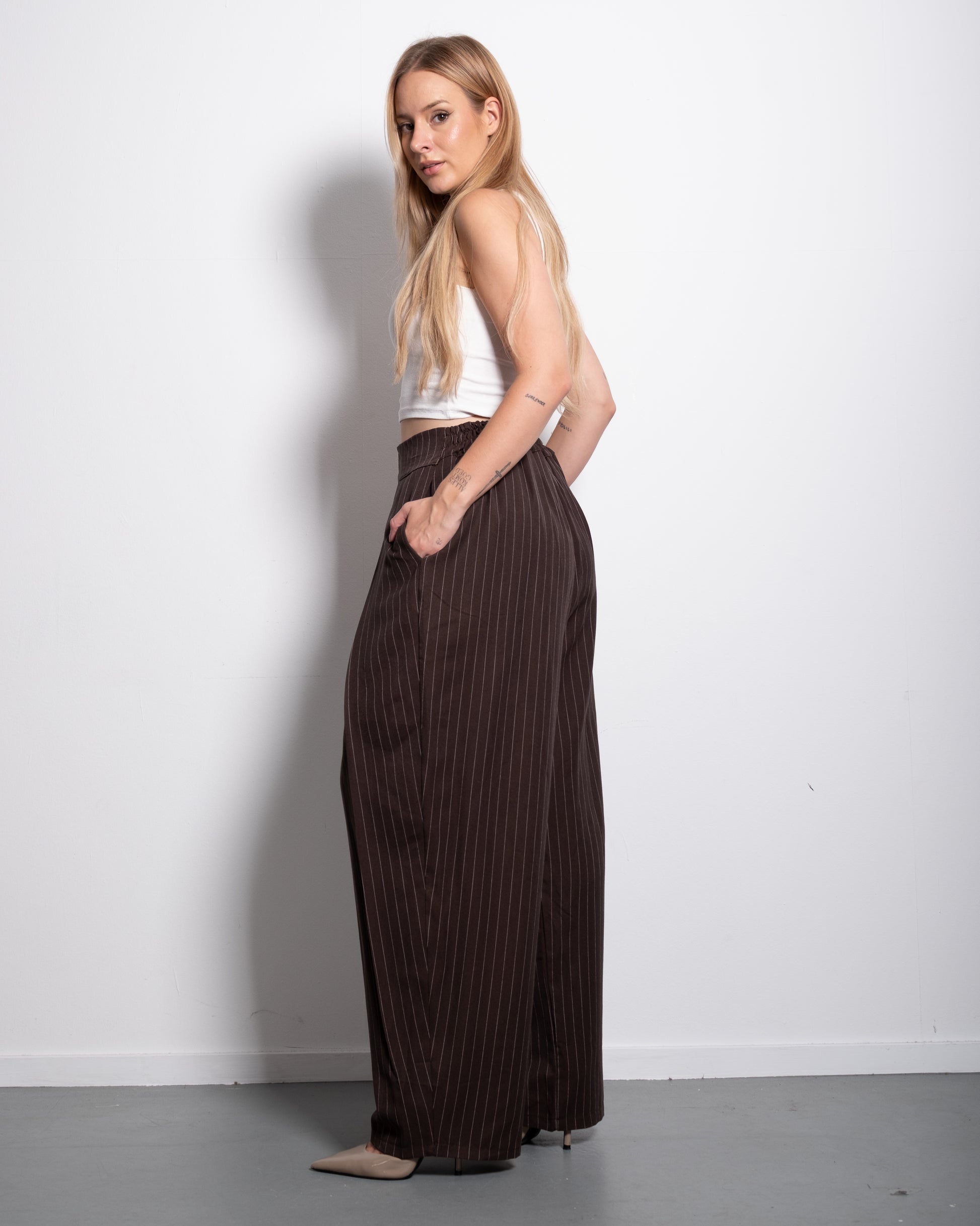 High Waisted Striped Wide Leg Trousers With Front Pleats BROWN | SEISHIKI STUDIO