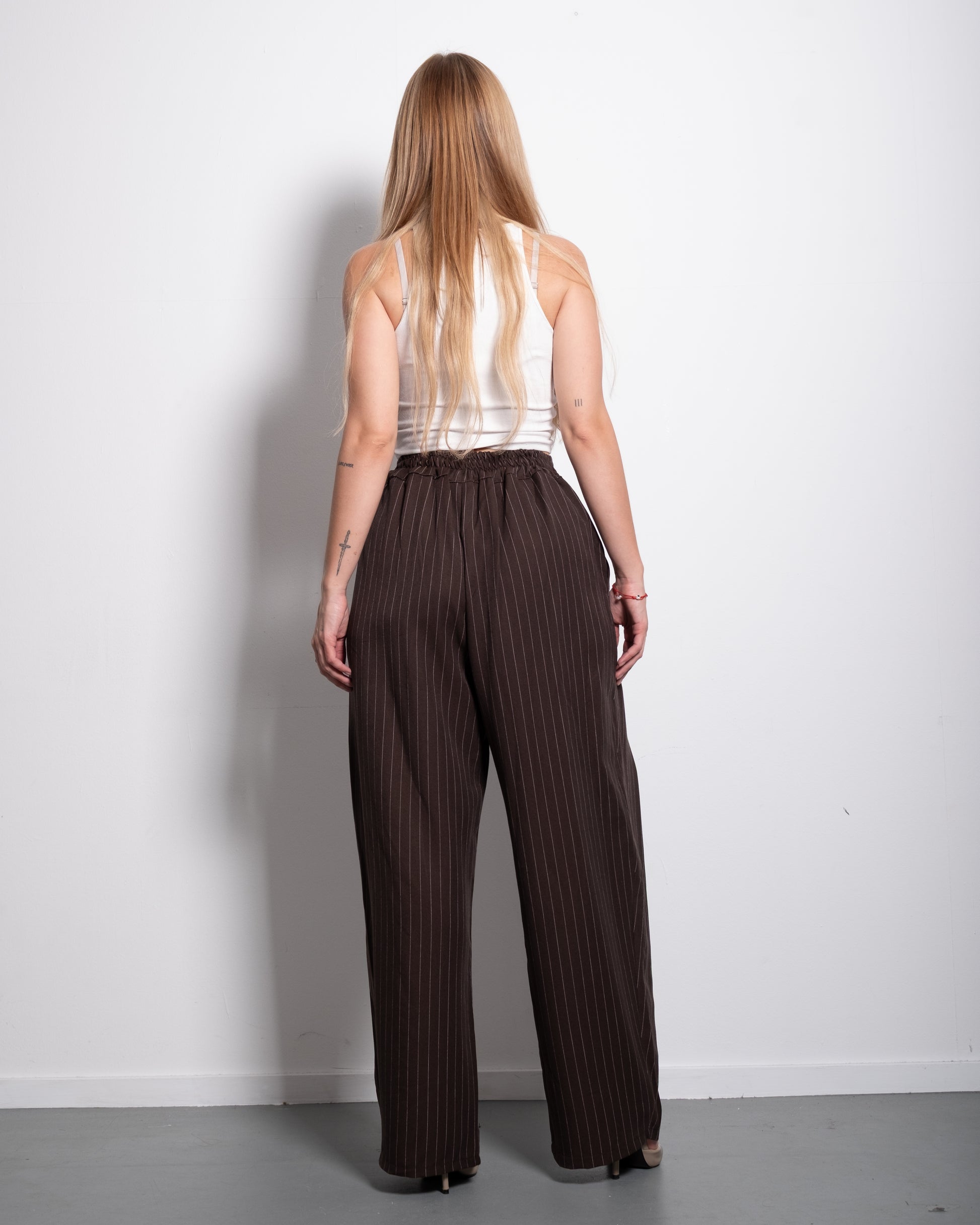 High Waisted Striped Wide Leg Trousers With Front Pleats BROWN | SEISHIKI STUDIO
