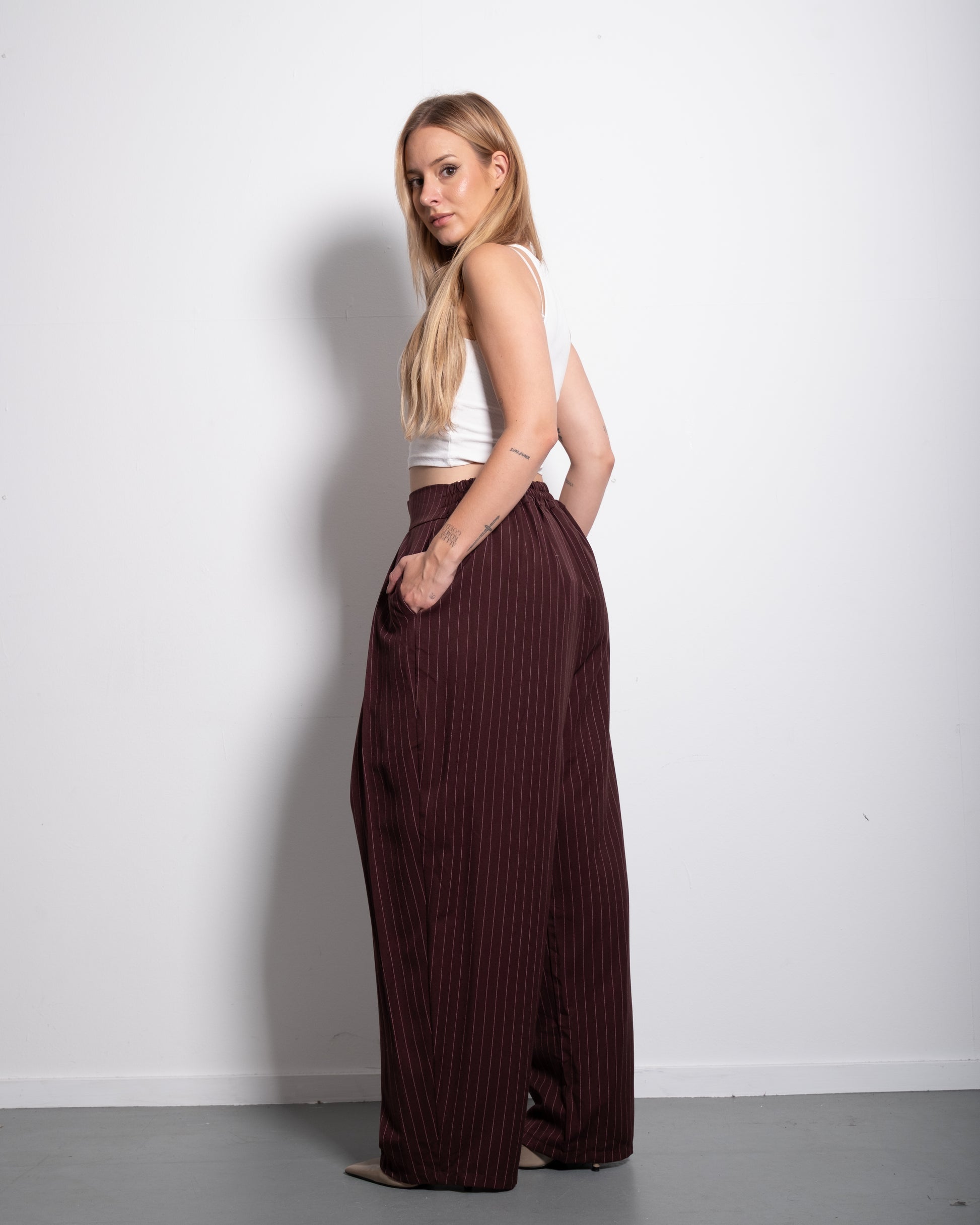 High Waisted Striped Wide Leg Trousers With Front Pleats BURGUNDY | SEISHIKI STUDIO