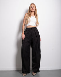 High Waisted Striped Wide Leg Trousers With Front Pleats BLACK | SEISHIKI STUDIO