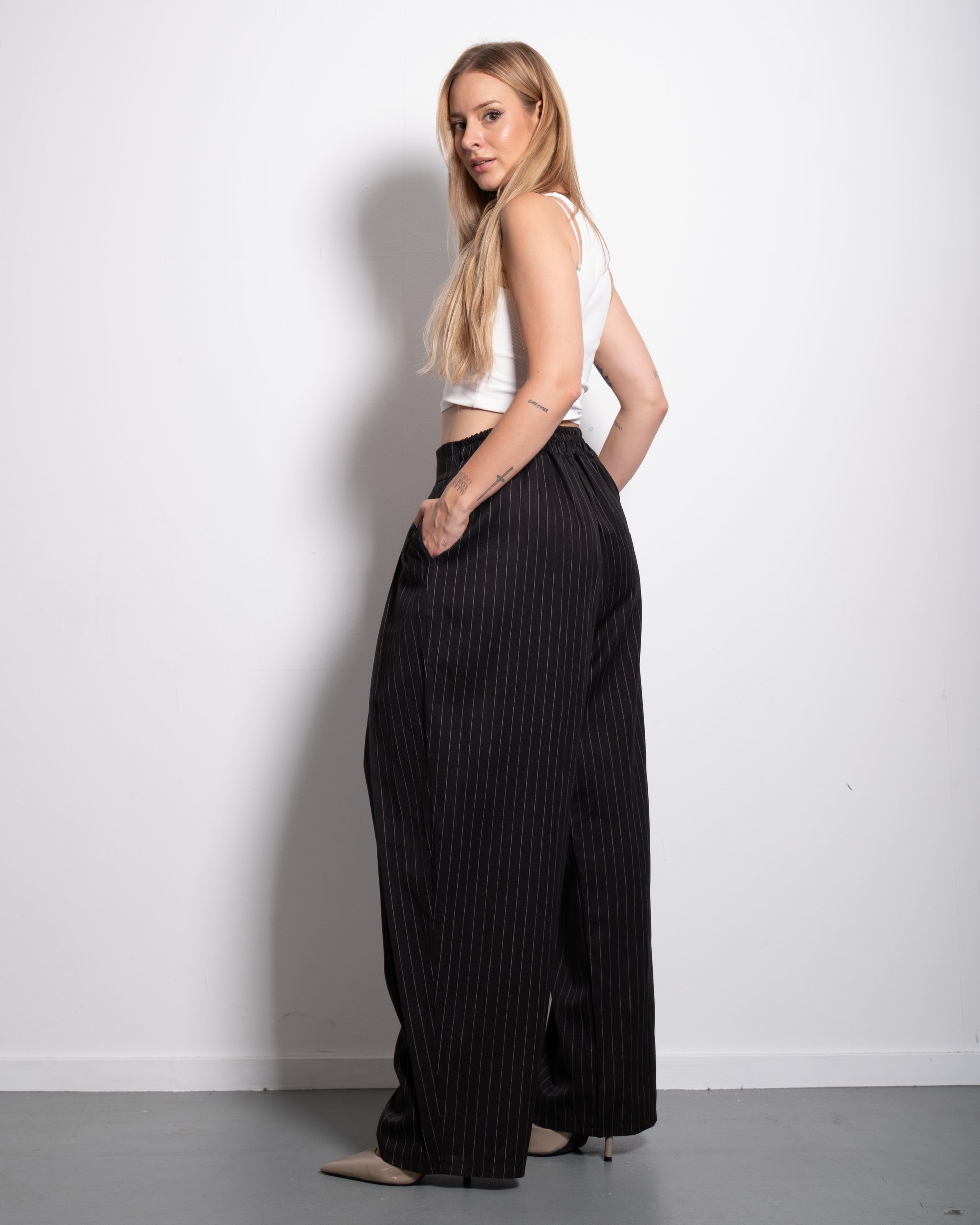 High Waisted Striped Wide Leg Trousers With Front Pleats BLACK | SEISHIKI STUDIO
