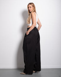 High Waisted Striped Wide Leg Trousers With Front Pleats BLACK | SEISHIKI STUDIO