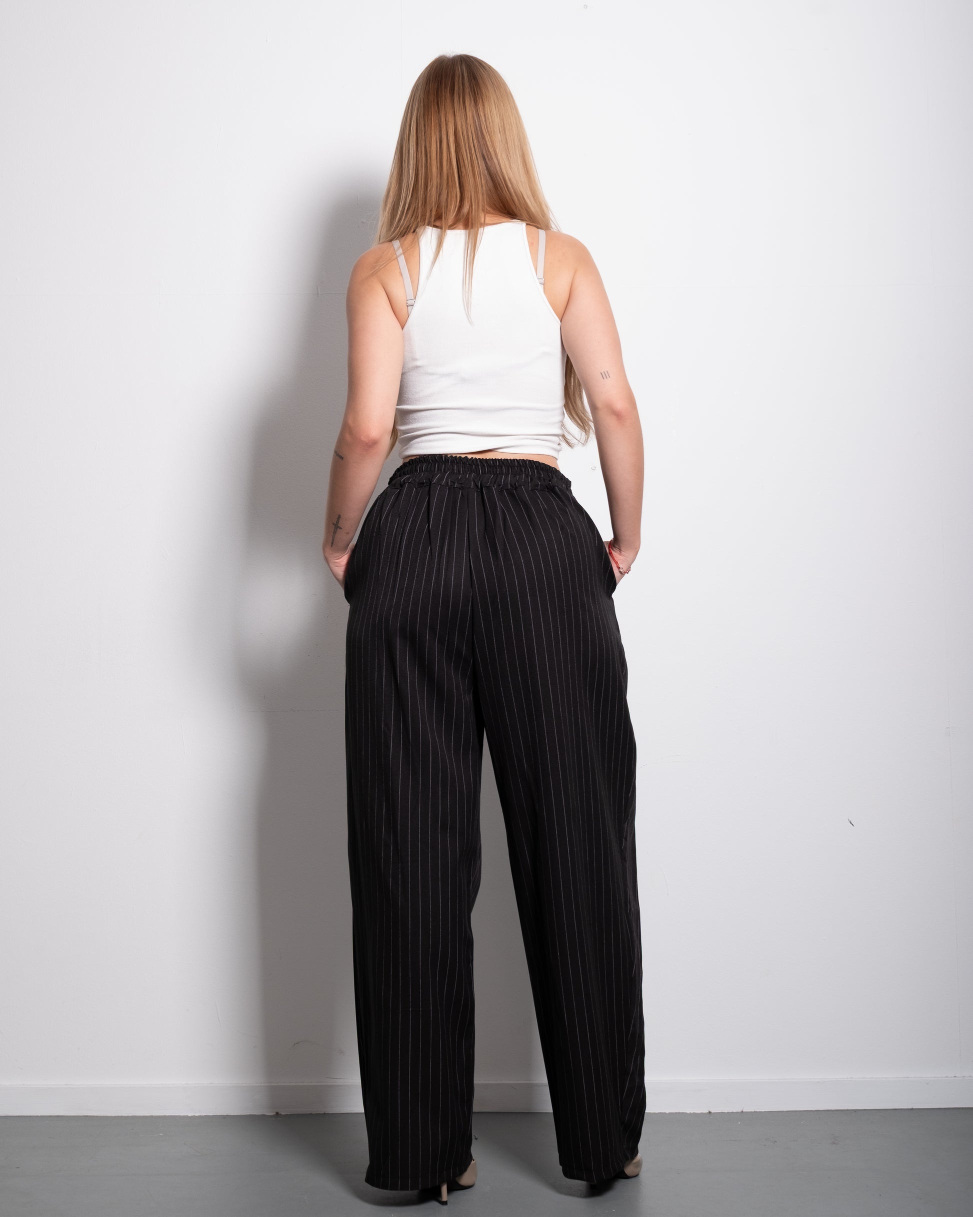 High Waisted Striped Wide Leg Trousers With Front Pleats BLACK | SEISHIKI STUDIO