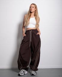 Wide Leg Contrast Piping Drawstring Track Pants Brown | SEISHIKI STUDIO