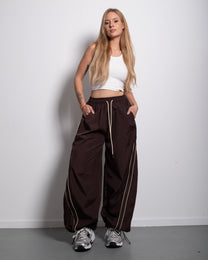 Wide Leg Contrast Piping Drawstring Track Pants Brown | SEISHIKI STUDIO