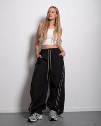 Wide Leg Contrast Piping Drawstring Track Pants Black | SEISHIKI STUDIO