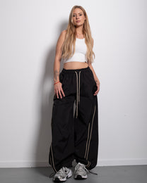Wide Leg Contrast Piping Drawstring Track Pants Black | SEISHIKI STUDIO