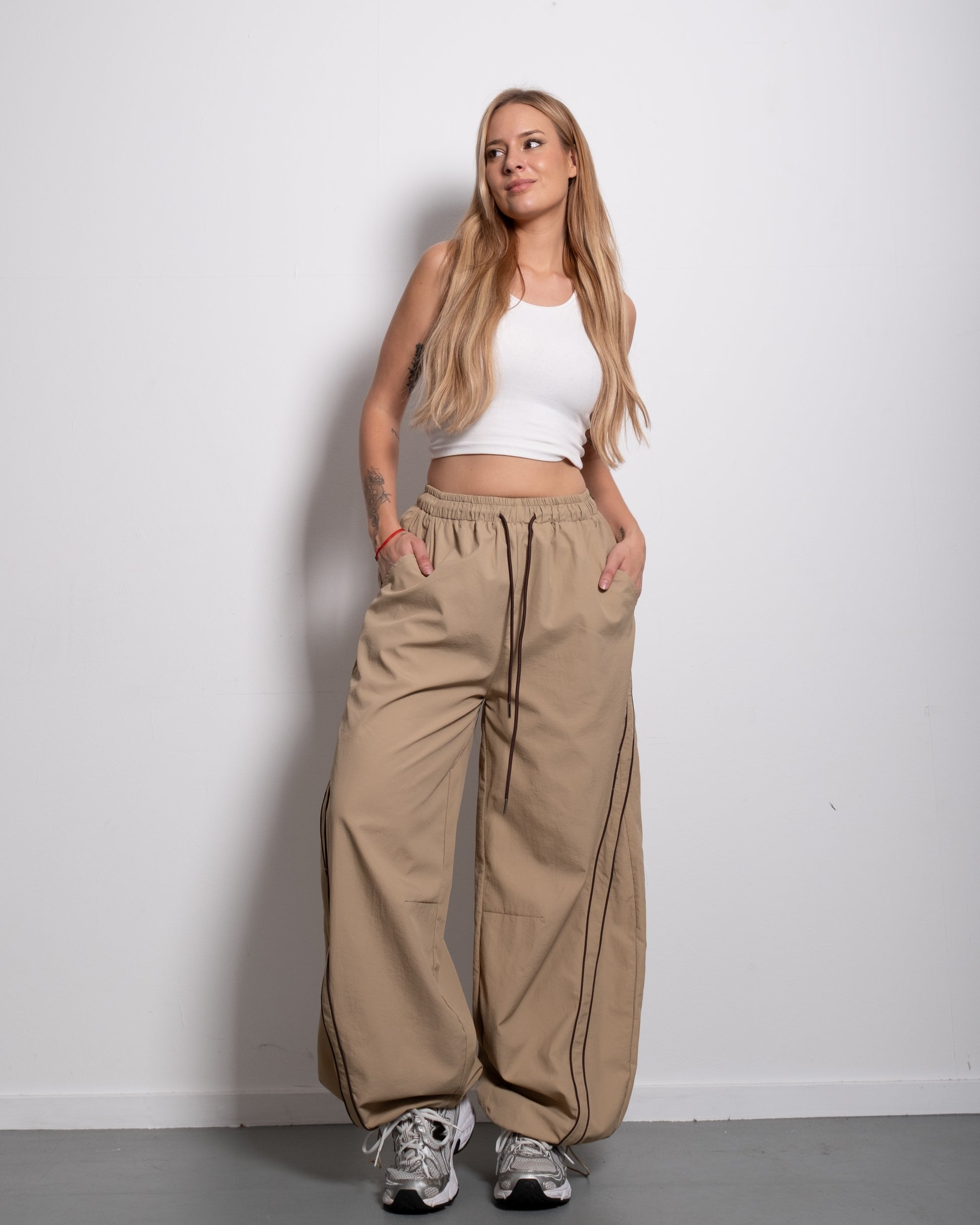 Wide Leg Contrast Piping Drawstring Track Pants Taupe | SEISHIKI STUDIO