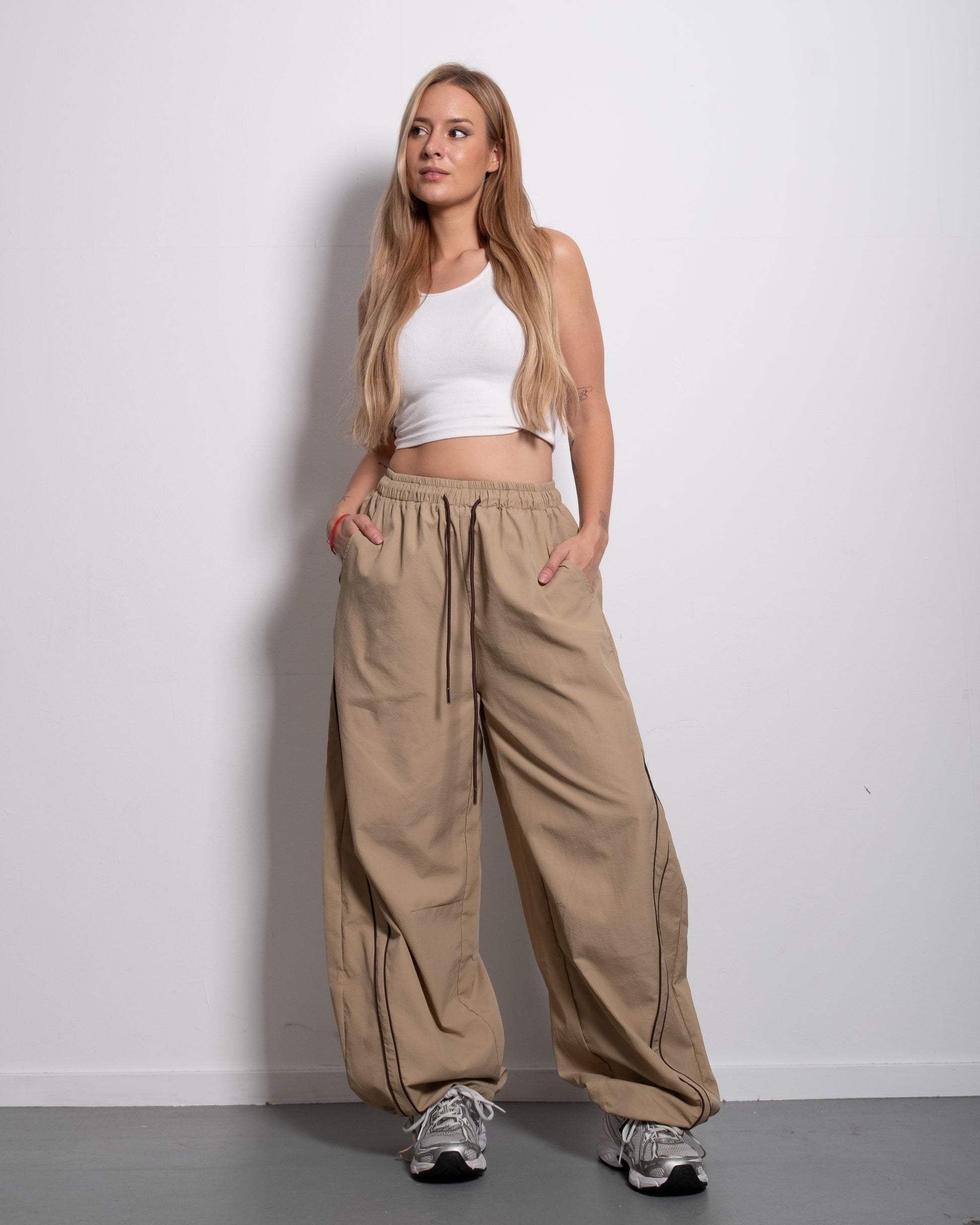 Wide Leg Contrast Piping Drawstring Track Pants Taupe | SEISHIKI STUDIO