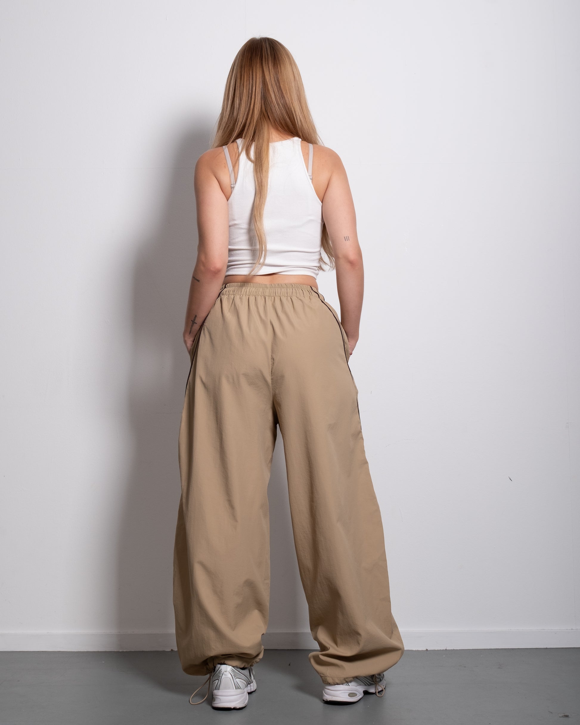 Wide Leg Contrast Piping Drawstring Track Pants Taupe | SEISHIKI STUDIO