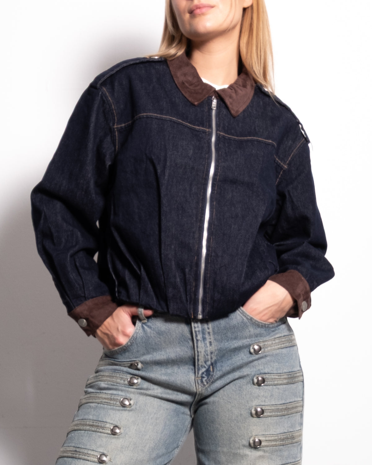 CONTRAST COLLAR DENIM BOMBER JACKET | SEISHIKI STUDIO