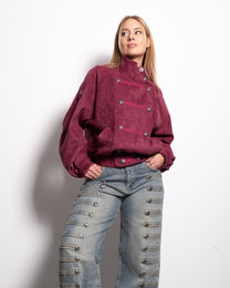 DOUBLE-BREASTED FAUX SUEDE UTILITY BOMBER JACKET ROSE RED | SEISHIKI STUDIO