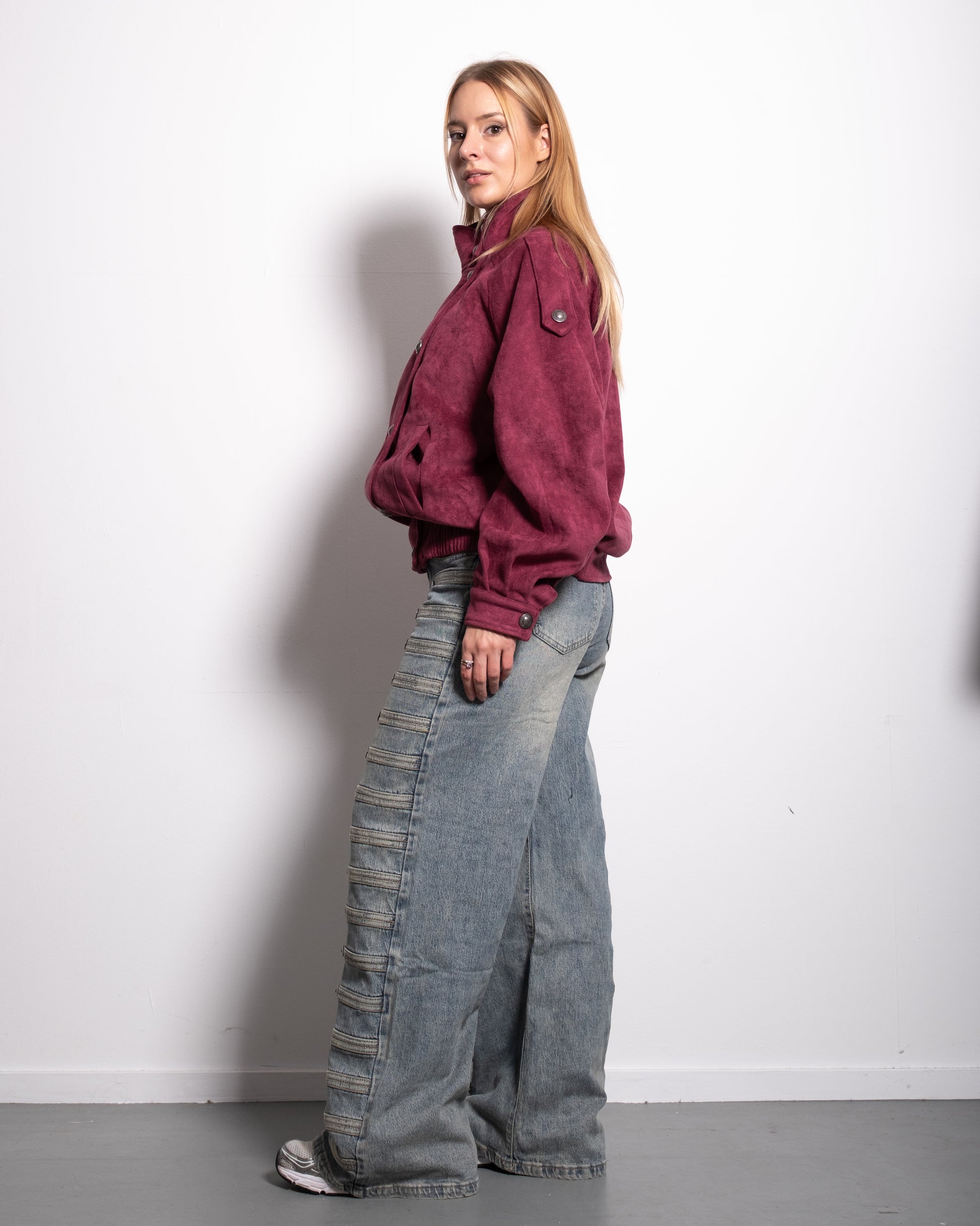 DOUBLE-BREASTED FAUX SUEDE UTILITY BOMBER JACKET ROSE RED | SEISHIKI STUDIO