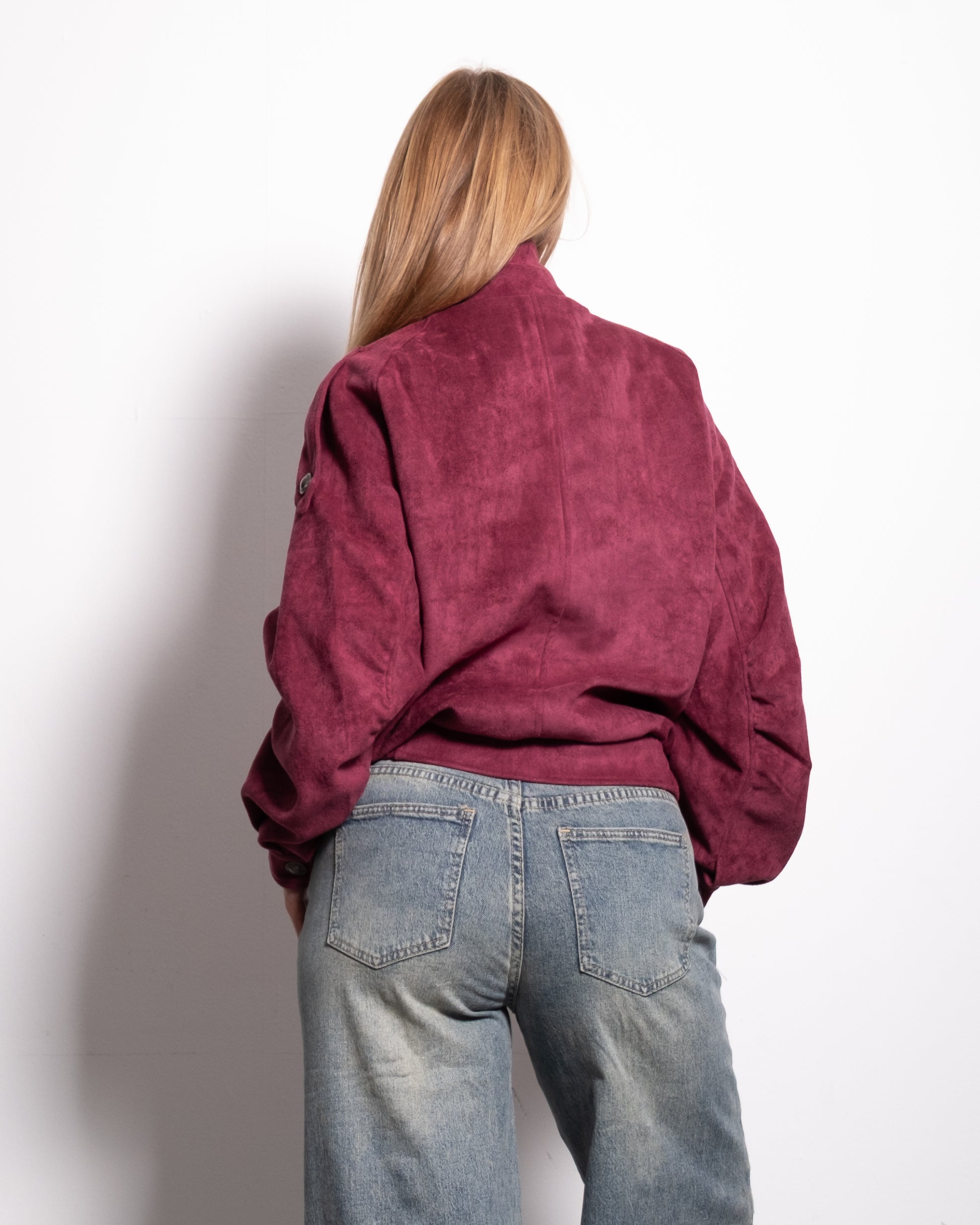 DOUBLE-BREASTED FAUX SUEDE UTILITY BOMBER JACKET ROSE RED | SEISHIKI STUDIO