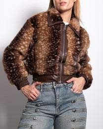 Doe Print Faux Fur Zip-up Jacket With Contrast Collar | SEISHIKI STUDIO