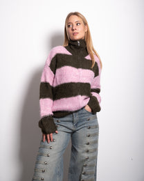 HIGH NECK FLUFFY STRIPED ZIP UP SWEATER PINK/GREEN | SEISHIKI STUDIO