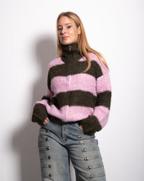 HIGH NECK FLUFFY STRIPED ZIP UP SWEATER PINK/GREEN | SEISHIKI STUDIO