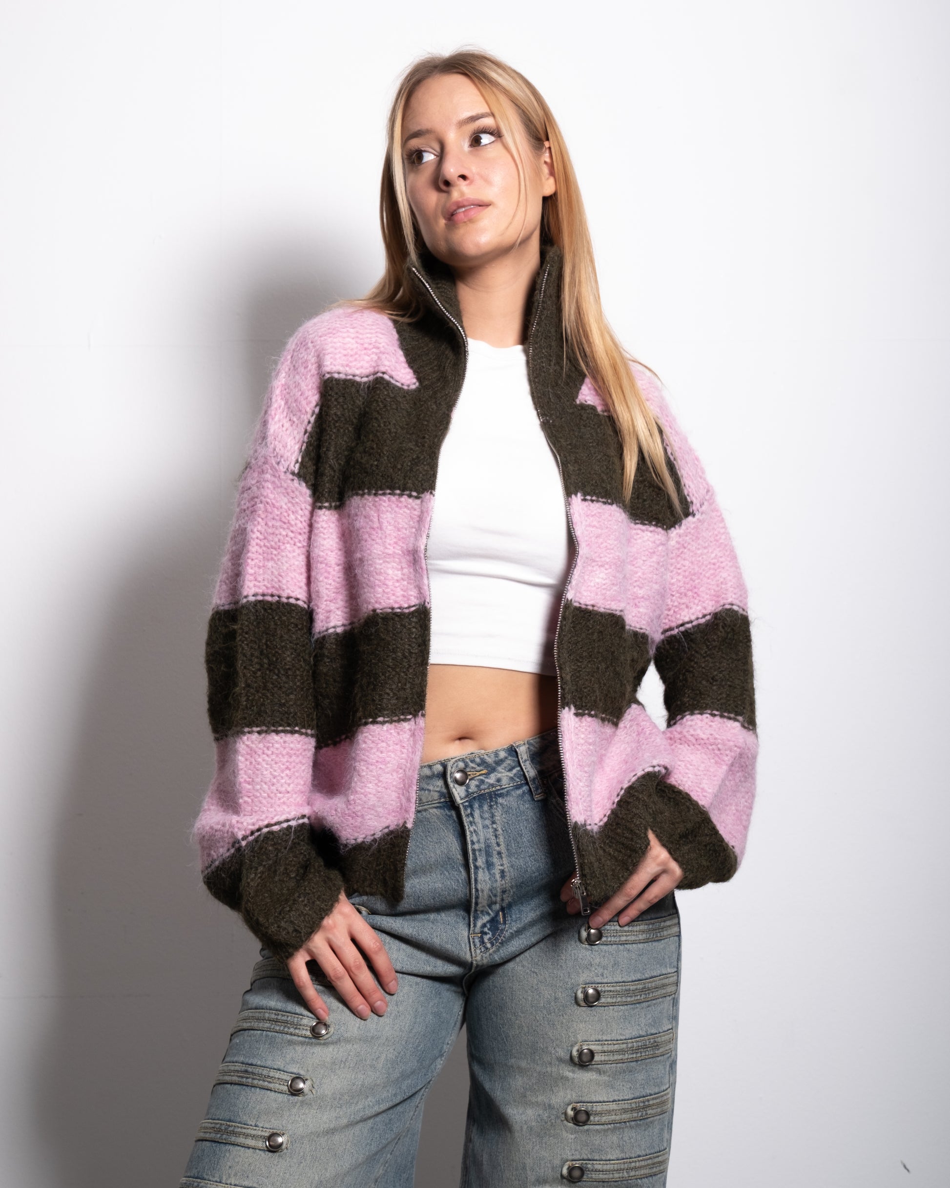 HIGH NECK FLUFFY STRIPED ZIP UP SWEATER PINK/GREEN | SEISHIKI STUDIO