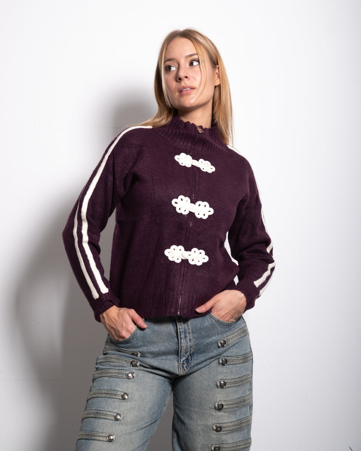 FROG CLOSURE STRIPE KNITTED TRACK JACKET PURPLE | SEISHIKI STUDIO