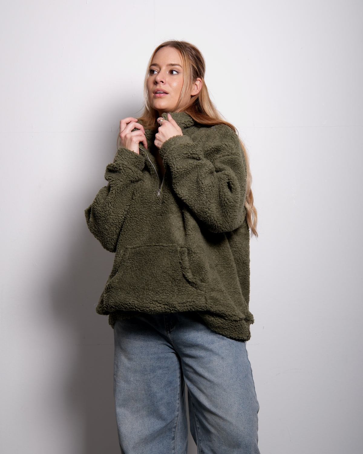 Green Oversized Teddy Quarter Zip Sweater – Fluffy Cozy Pullover | Seishiki Studio