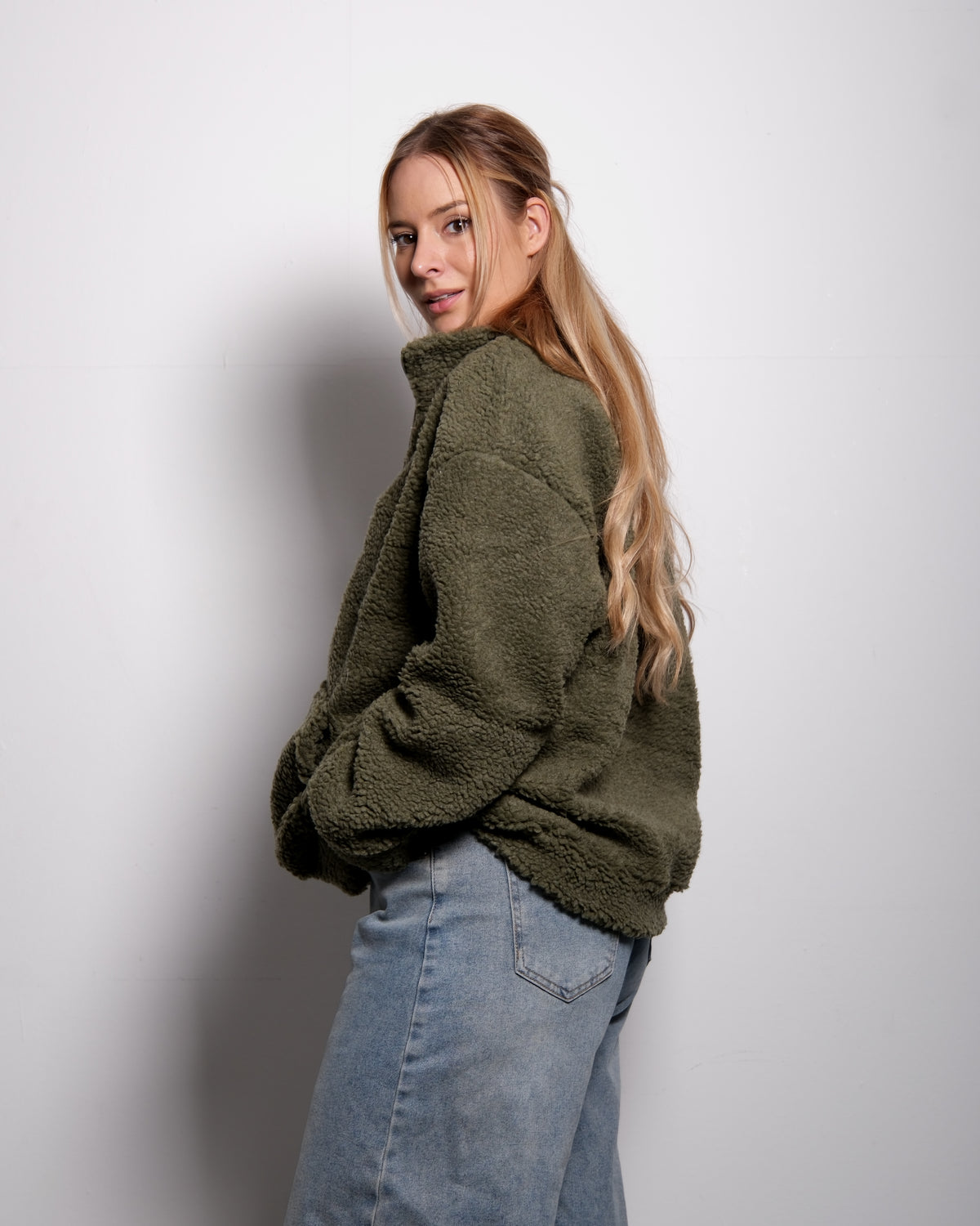 Green Oversized Teddy Quarter Zip Sweater – Fluffy Cozy Pullover | Seishiki Studio