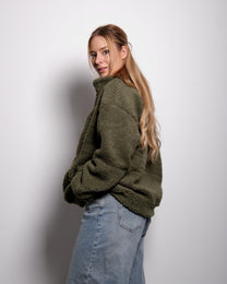 Green Oversized Teddy Quarter Zip Sweater – Fluffy Cozy Pullover | Seishiki Studio