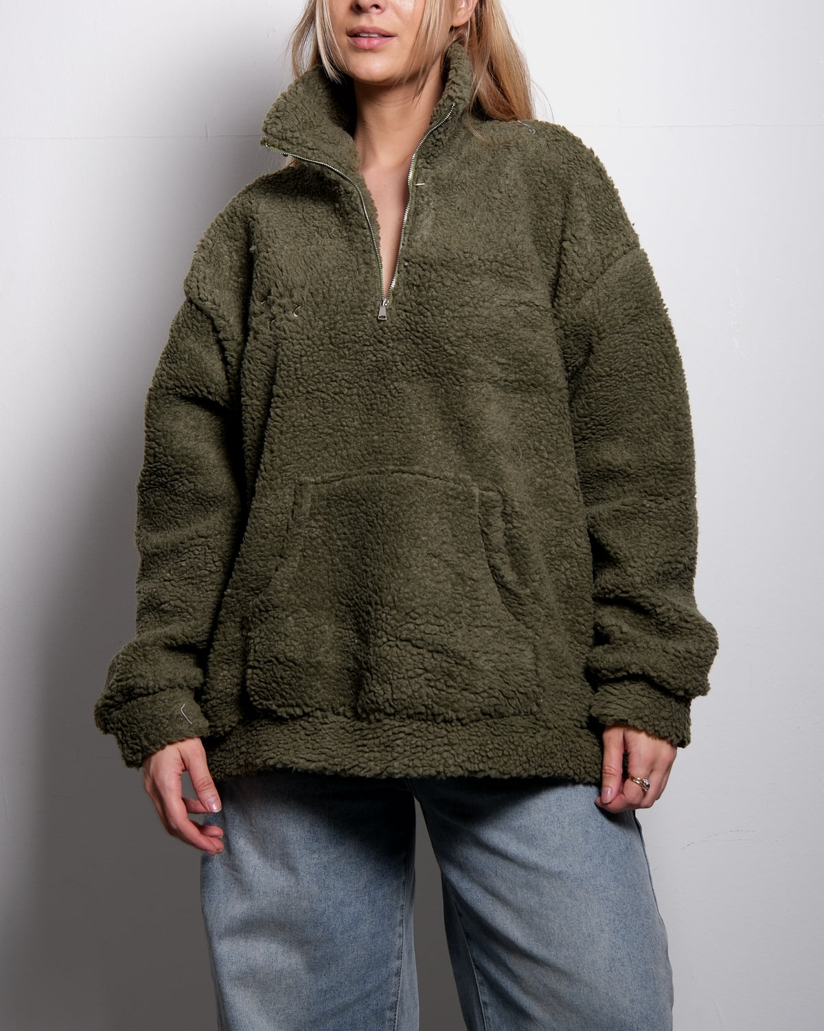 Green Oversized Teddy Quarter Zip Sweater – Fluffy Cozy Pullover | Seishiki Studio