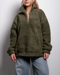 Green Oversized Teddy Quarter Zip Sweater – Fluffy Cozy Pullover | Seishiki Studio