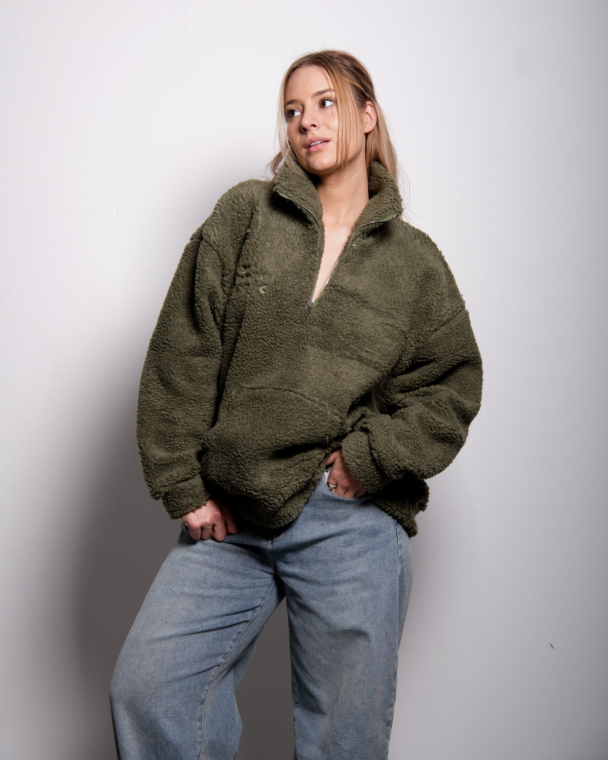 Green Oversized Teddy Quarter Zip Sweater – Fluffy Cozy Pullover | Seishiki Studio