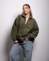 Green Oversized Teddy Quarter Zip Sweater – Fluffy Cozy Pullover | Seishiki Studio