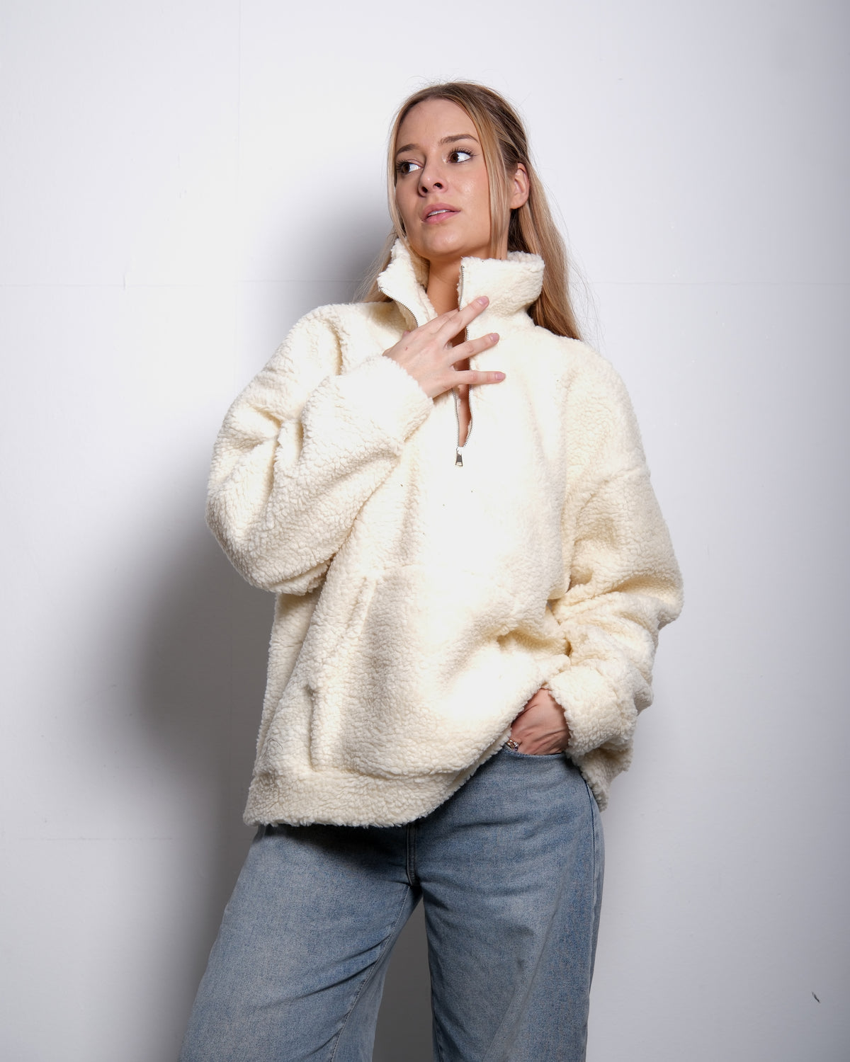 Cream Oversized Teddy Quarter Zip Sweater – Fluffy Cozy Pullover | Seishiki Studio