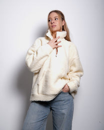 Cream Oversized Teddy Quarter Zip Sweater – Fluffy Cozy Pullover | Seishiki Studio